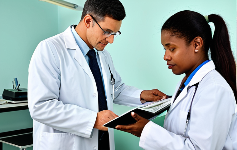**

"A traveler consulting with a doctor about travel vaccinations for Guyana, professional setting, doctor in lab coat, fully clothed, examining records, safe for work, appropriate content, perfect anatomy, correct proportions, natural pose, high quality, family-friendly, informative atmosphere."

**