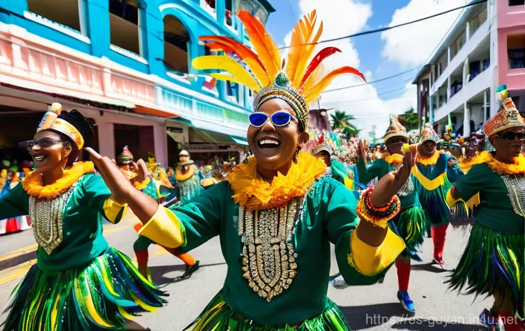 가이아나 카니발 - **Prompt 1: Grand Mashramani Parade - A Burst of Color and Energy**
    "A wide-shot, vibrant image ...