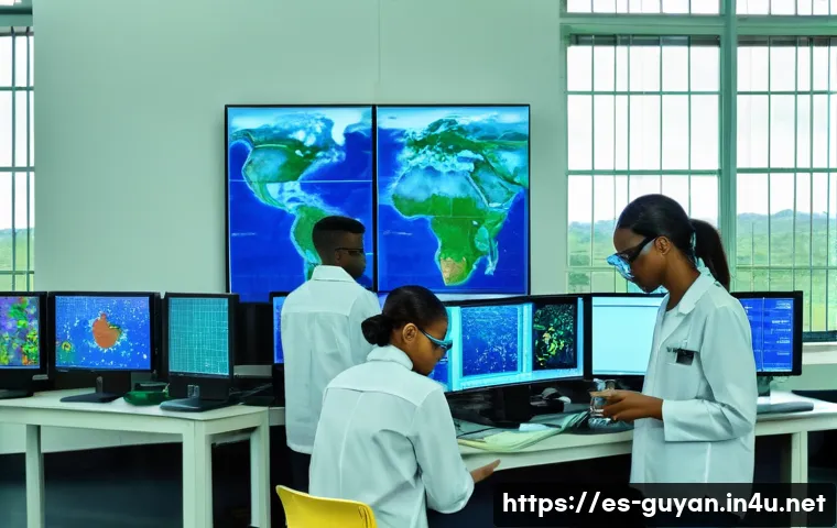 가이아나의 대학 및 연구기관 - A modern university laboratory in Guyana with advanced scientific equipment and digital screens disp...