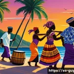 Home 21 가이아나 출신 작가 에드워드 브래스웨이트 - A vibrant Caribbean coastal scene at sunset, featuring a diverse group of people dressed in colorful...