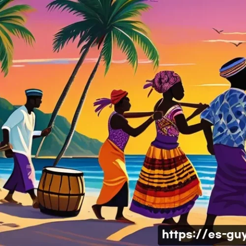 Home 33 가이아나 출신 작가 에드워드 브래스웨이트 - A vibrant Caribbean coastal scene at sunset, featuring a diverse group of people dressed in colorful...