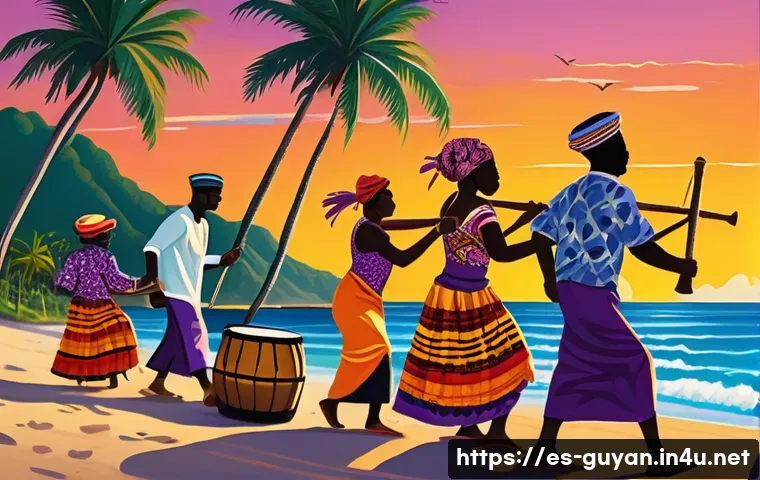 가이아나 출신 작가 에드워드 브래스웨이트 - A vibrant Caribbean coastal scene at sunset, featuring a diverse group of people dressed in colorful...