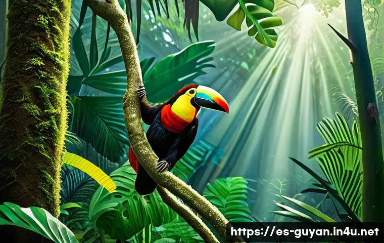 가이아나 열대우림 투어 - A vibrant and lush tropical rainforest scene in the Guyanese jungle featuring towering ancient trees...