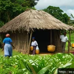Home 19 가이아나와 네덜란드 식민지 시절 - A vibrant rural Guyanese village scene showcasing the fusion of indigenous and European agricultural...