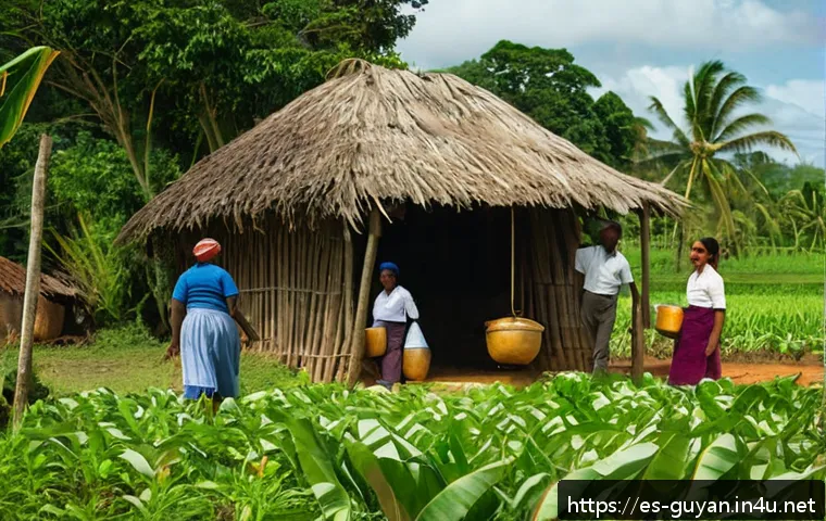 가이아나와 네덜란드 식민지 시절 - A vibrant rural Guyanese village scene showcasing the fusion of indigenous and European agricultural...