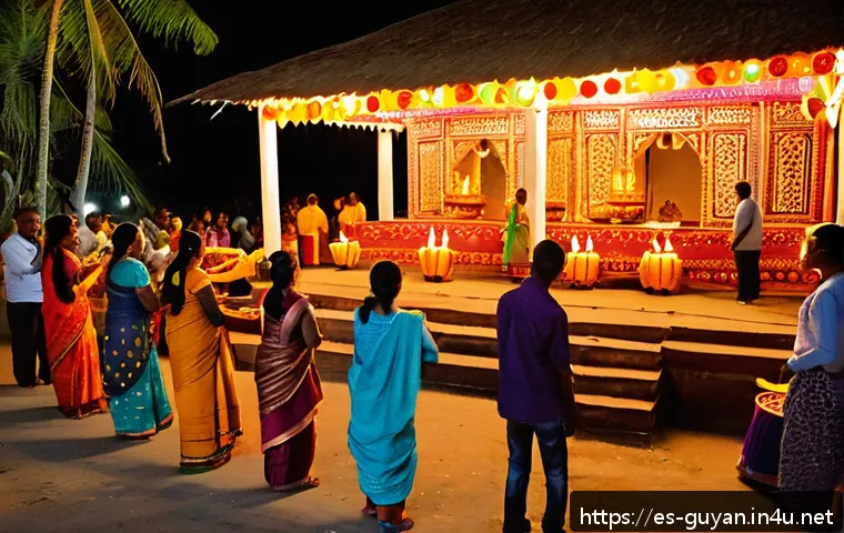 가이아나 힌두교 문화 - A vibrant Diwali night scene in Guyana featuring a multicultural community gathered outside traditio...