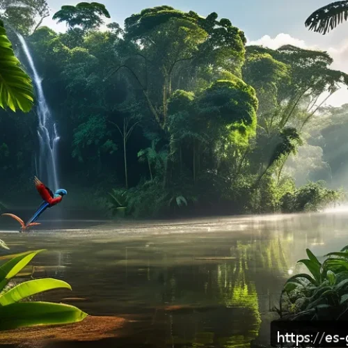 Home 17 가이아나 아마존 지역 탐방 - A vibrant Amazon rainforest scene in Guyana featuring towering trees over 40 meters tall, dense lush...
