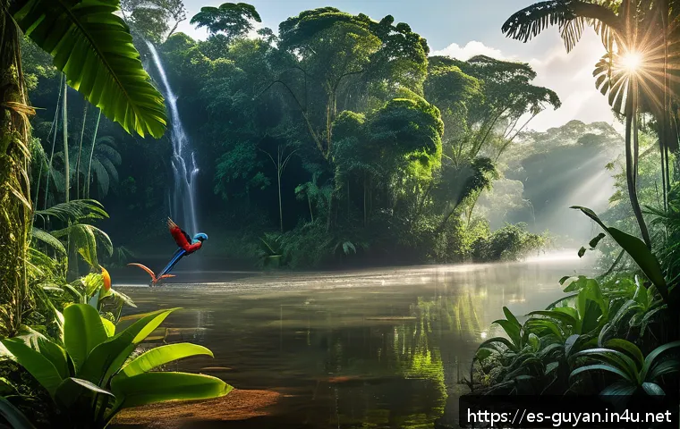 가이아나 아마존 지역 탐방 - A vibrant Amazon rainforest scene in Guyana featuring towering trees over 40 meters tall, dense lush...