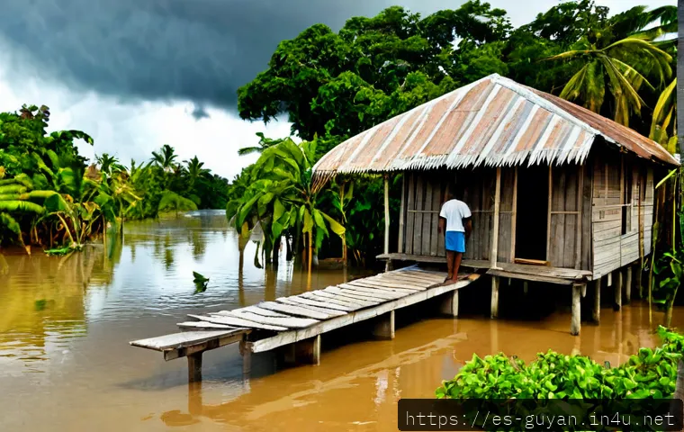 Home 17 가이아나의 기후 변화 영향 - Photorealistic coastal Guyana climate change scene, a flooded wooden stilt house beside a lush tropi...