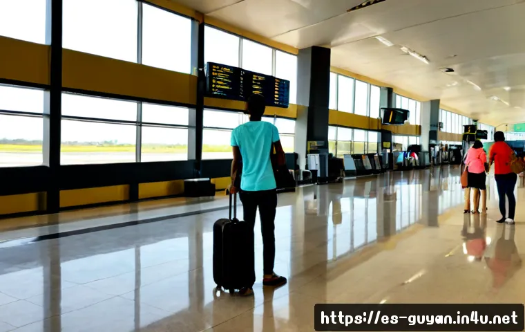 Home 17 가이아나 항공편 정보 - Photorealistic wide-angle scene inside a modern Caribbean airport terminal in Georgetown, Guyana, a ...